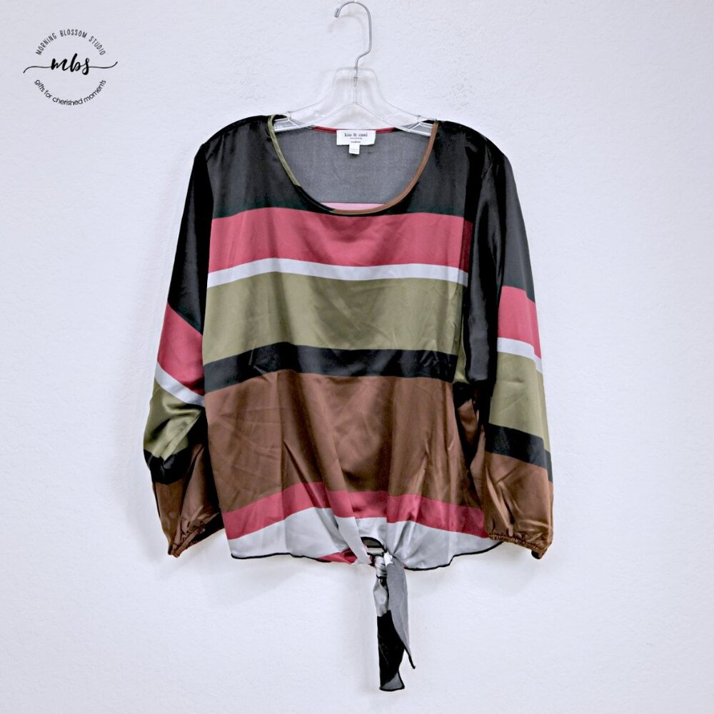 Kim & Cami Colorblock Crew Neck Tie‎ Front Blouse Women M